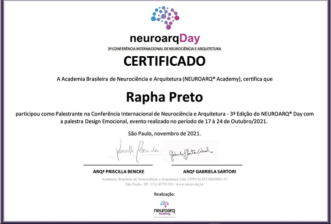 Neuroarq Day - Certificado de Palestrante - Rapha Preto